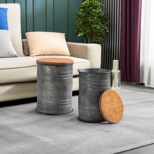 Glitzhome Rustic End Table Set of 2, Farmhouse Galvanized Metal Barrel Ottoman Storage Stool with Round Wood Lid for Living Room Furniture, Grey - Image 6