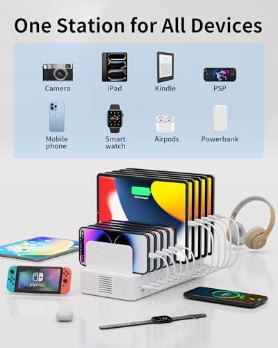 100W Charging Station for Multiple Devices, 10-Port USB Fast Charger, White - Image 3