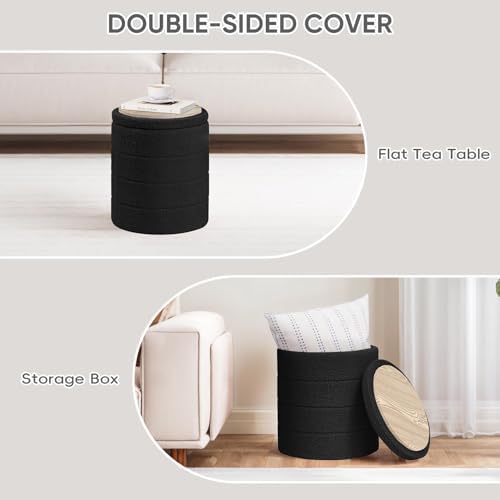 PINPLUS Compact Round Folding Storage Ottoman, Black Boucle Footstool - Image 5