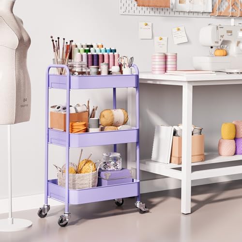 TOOLF 3 Tier Metal Rolling Cart, Utility Storage Cart with Wheels, Purple - Image 6