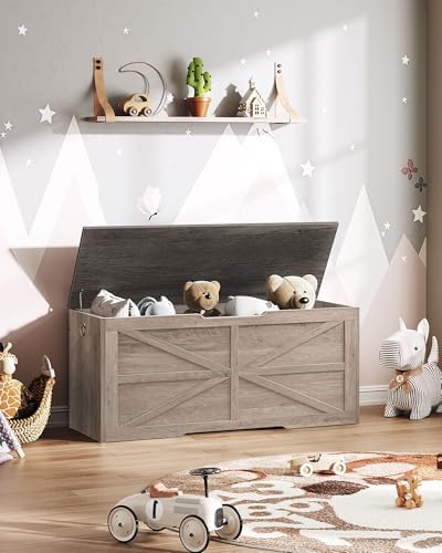 CHOEZON Storage Chest, 43.3" Wooden Storage Trunk, Retro Storage Bench with Safety Hinge, Toy Box, Farmhouse Style, for Bedroom, Living Room, Charcoal Gray and Greige MCW11HC - Image 6