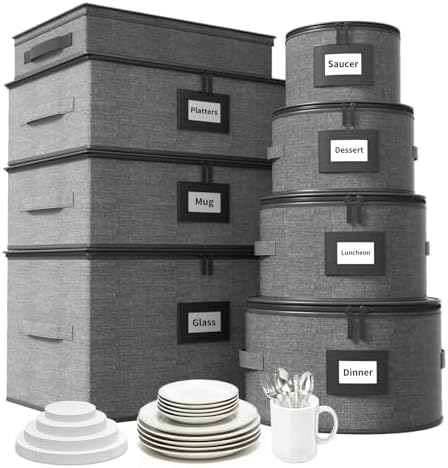 Aokeyee 8-Piece China Storage Containers Set, Hard Shell Moving Boxes for Dishes, Plates, Mugs, Wine Glass & Flatware – Dinnerware Organizer with Soft Felt Dividers, Sturdy Handles & Zippers, Grey by Aokeyee