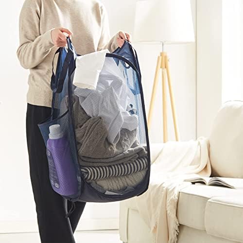 TECHMILLY Collapsible Mesh Pop Up Laundry Hamper with Sturdy Handles and Side Pocket - Portable Foldable Clothes Baskets for Dorm, Bathroom & Travel Storage (Blue, 3 Packs) - Image 5