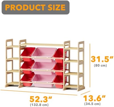 SpaceAid Large Toy Storage Organizer 9 Shelves 9 Bins, Toy Organizers Storage Bookshelf, Kids Bin Shelf Toys Box Bookcase for Bedroom Playroom Organization Room Decor, Red and Pink - Image 3