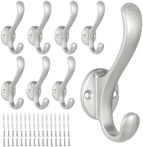 8 Pack Coat Hooks Wall Mount Heavy Duty Utility Retro Double Hooks for Hanging Coats,Hat, Towel, Key, Robe, Scarf, Bag, Cap (Silver) by PEOIAOY