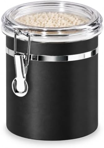 Oggi Stainless Steel Kitchen Canister 47 fl oz, Black - Airtight Clamp Lid, Clear See-Thru Top - Ideal for Kitchen Storage, Food Storage, Pantry Storage. Large Size 5" x 6". by Unknown