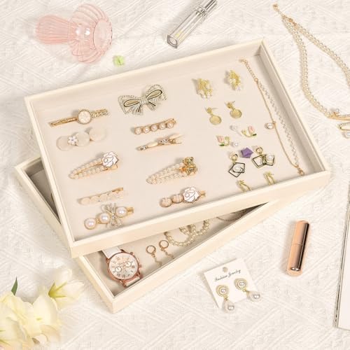 Beige Velvet Jewelry Tray for Drawers Black Jewelrys Display Tray Stackable Jewelry Organizer Trays for Necklace Bracelet Ring Watch (2 Pack) - Image 3