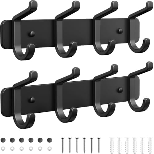 Heavy Duty Coat Rack Wall Mounted, Metal Wall Hook Rack with 4 Double Hooks for Coats, Hats, Jackets, Robes, Towels, Keys, Backpacks and Purses, Entryway, Closet, Mudroom, Bathroom (Black, 2 Pack) by pickpiff