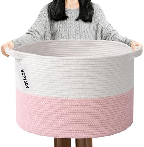 90L Extra Large Pink Woven Cotton Rope Basket with Handles by HZFTJOY