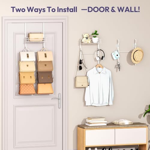 SWTYMIKI Over the Door Purse Organizer - Wall Mounted Handbag Organizer with 10 Hooks and Metal Basket, Hanging Purse Storage Rack Holds up to 10 Bags, Bag Rack Can Use As 1/2 Part, for Door, Closet - Image 5