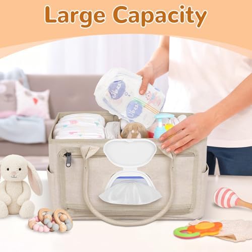 Volnamal Diaper Caddy with Wipe Dispenser One-Handed Access, Beige - Image 2