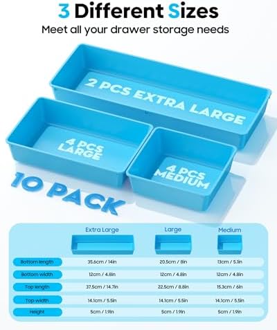 10 Pack Large Size Plastic Drawer Organizers Set, 3 Sizes Desk Drawer Organizer Trays, Storage Bins for Vanity, Makeup, Bathroom, Kitchen Utensils and Office (Blue) - Image 2