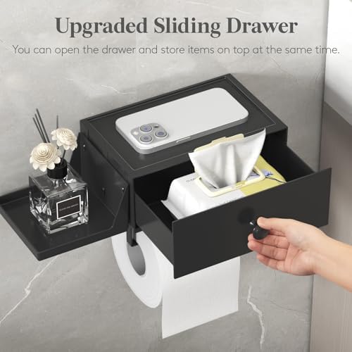 Lifewit Toilet Paper Holder Wall Mount with Shelf & Drawer, Black, 2 Pack - Image 4