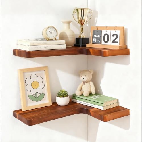 Floating Corner Shelves, Wall Shelf Set of 2, Shelves for Wall Storage, Solid Wood Shelves for Storage, Wall Mount Wooden Display Shelf for Bathroom Bedroom Kitchen Garage (Acacia 2pcs) by Unknown