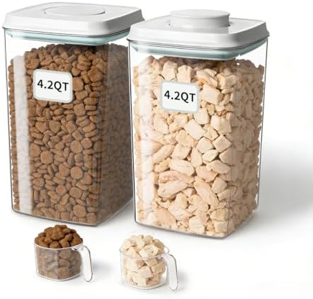 Dog Food Storage Containers Set with One-Touch Lid, (2 × 4.22 QT / 4.0 L) BPA-Free Cat Food Storage Container，Stackable Durable PET with 130ml Scoop, for Kibble & Treats Organization by EQI