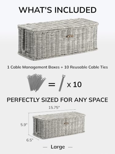 Cable Management Box, Cord Organizer with Lid & Cable Ties - Gray, L - Image 2