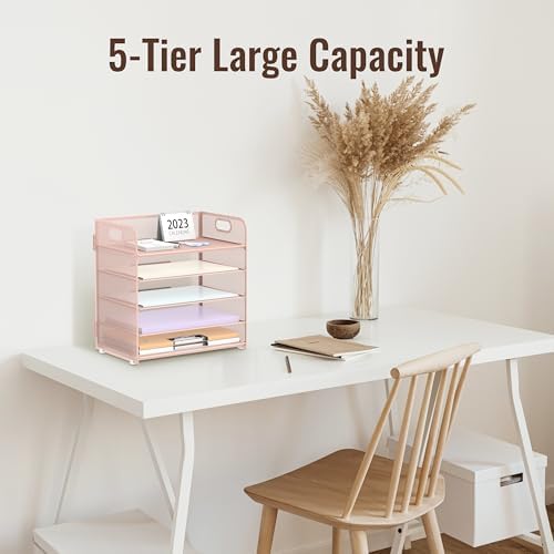 SUPEASY 2 Pack 5-Tier Pink Desk Organizer with Handle Mesh Desk File/Paper Organizer Letter Tray for Office, School and Home Easy Installation, Rosepink - Image 6