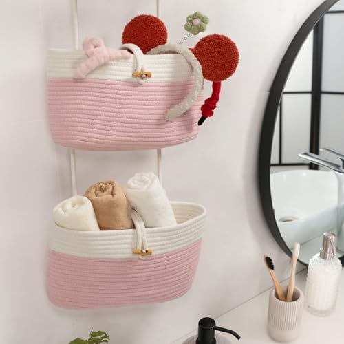 TeoKJ Over The Door Hanging Baskets with Button Strap, 3-Tier Woven Cotton Storage Organizer Bag, Wall-Mounted with Hook Decorative Hanging Nursery Baskets - Pink+White - Image 4