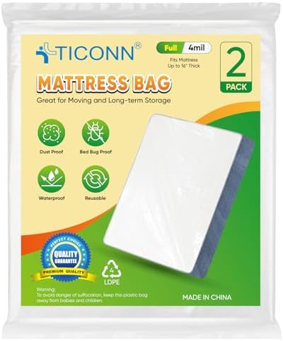 TICONN 2PK Plastic Mattress Bags for Moving, Waterproof Mattress Cover by TICONN