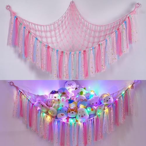 THIDARGO Stuffed Animal Hammock Storage Net with LED Lights, Colorful Tassels, 59in, for Kids Bedroom Nursery Playroom, Includes 3 Hooks (not including battery) (Peach Pink) by THIDARGO