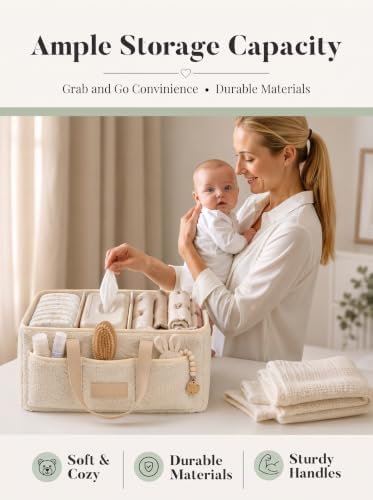 Baby Diaper Caddy Organizer with Waterproof Changing Pad, Beige - Image 2