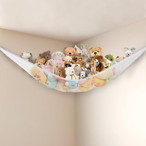 Stuffed Animal Net Hammock Corner Large Toy Storage Organizer Holder Plushies Stuffy Storage Hammock for Kids Baby Nursery Bedroom Playroom Home Wall Room Decor (White) by Powkoo
