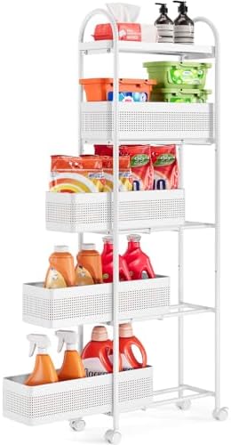 KINGRACK 5 Tier Slim Rolling Cart with Drawer, Metal Utility Storage Cart by KINGRACK