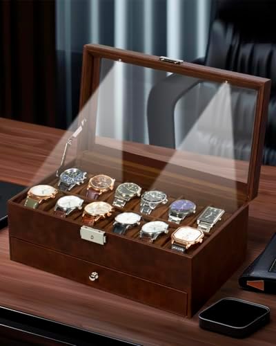 GUKA Watch Box 12 Slot Watch Display Organizer Leather Jewelry Case Drawer Glass Birthday for Men Women, Child Husband Dad GK-012-BROWN-LED-24 - Image 7