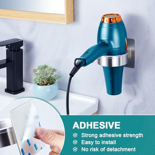 Hair Dryer Holder Wall Mount, Blow Dryer Holder Wall, Adhesive Hair Dryer Hanger, Blow Dryer Organizer, Hair Tools Organizer for Bathroom Salon Barber Shop Hotel (Silver) - Image 3