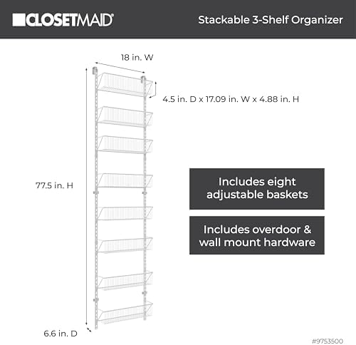 ClosetMaid 97535 Wall or Door Adjustable (8) Basket Organizer, 6.614-Inch D x 77.165-Inch H x 17.992-Inch W, White - Image 4
