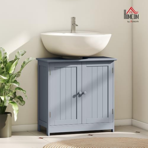 HOMCOM Under Sink Bathroom Cabinet with 2 Doors, Shelf, U-Shape, Gray - Image 2
