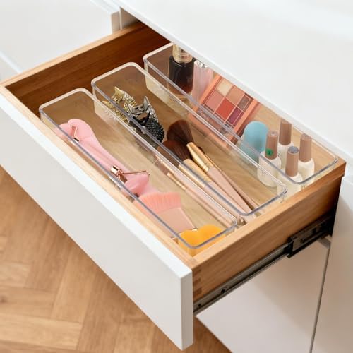 6 Pcs Large Clear Plastic Drawer Organizers Tray 12"x3" Storage Bins with 25 Pcs Non-Slip Pads for Makeup, Jewelries, Kitchen Utensils, Bathroom and Office - Image 2