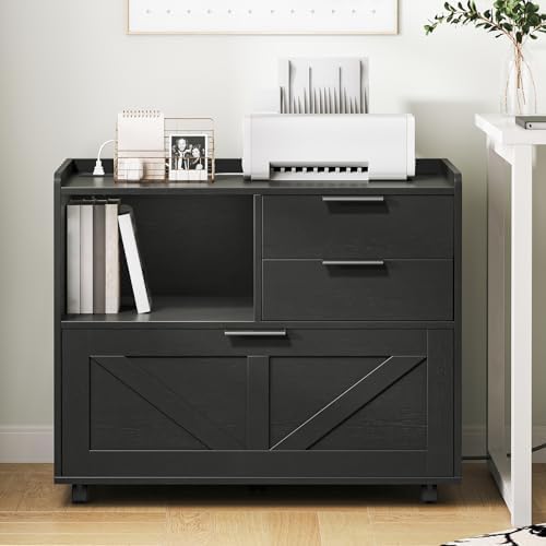 HOOBRO Lateral File Cabinet, Wooden Office Storage Drawers with Charging Station, Filing Cabinet for Home Office, A4/Letter/Legal-Sized Files, Printer Stand with Open Storage Spaces, Black BB37UWJ01 - Image 2