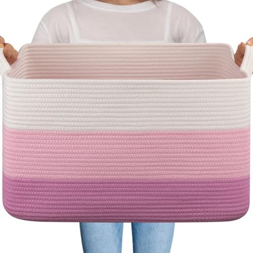 OIAHOMY Large Blanket Basket, 65L Cotton Rope Woven Laundry Basket, Toy Bin for Baby Room, Container for Blanket Storage in Living Room, 20''×16''×12'', Gradient Pink by MasterofSpaceOptimization