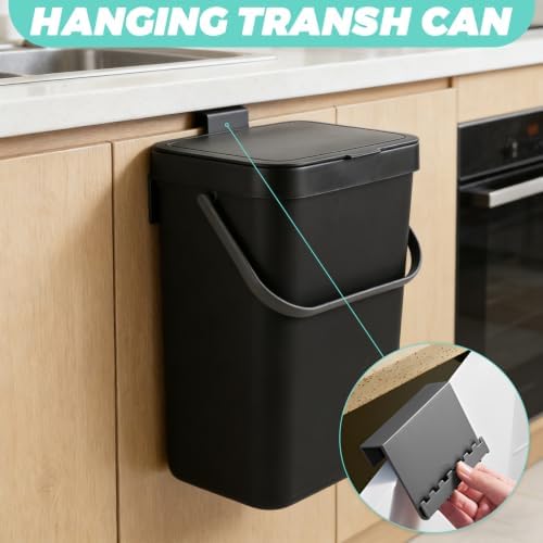 WOPPLXY Hanging Trash Can with Lid, 3.2 Gallon Kitchen Hanging Garbage Can with Lid, Wall-Mounted Garbage Can for Cabinet, Under Sink, Bathroom, Bedroom, Office(1 Pack,12 L,Black) - Image 5