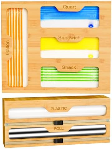 KOCWELL Bamboo Bag Storage Organizer - 2 Wrap Dispenser with Cutter & 4 Slots Food Storage Bags Container - Kitchen Drawer Plastic Bags Storage Organization for Gallon Quart Sandwich Snack Bags by KOCWELL