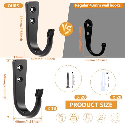 10Pcs Heavy Duty Wall Hooks for Hanging, Large Size Wall Hooks,Coat Hooks, for Backpacks, Coats, Cast Iron Pans and Other Heavy Items (Black Hooks) - Image 2