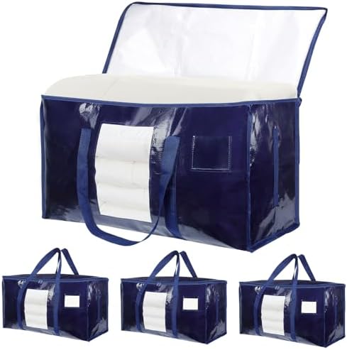 4 Pack Extra Large Moving Bags Heavy Duty 180GSM,130LBS 100L Totes with Visible Window, Zippers & Wrap-Around Handles, Waterproof Reusable, Alt to Moving Boxes, Navy blue by Unknown