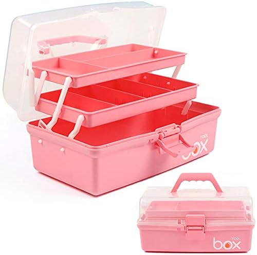TERGOO 12in 3-Layer Plastic Craft Organizers and Storage, Portable Folding Tackle Box with Handle & Adjustable Dividers, Multipurpose Case for Sewing, Art Supplies, Medicine, Tools (Pink) by Focusonefficientstorage