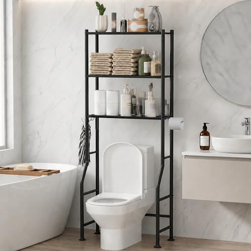 GloTika 3-Tier Over Toilet Storage Cabinet, No Drilling, 64" H, Black by QualityHomewareTimlessComfort