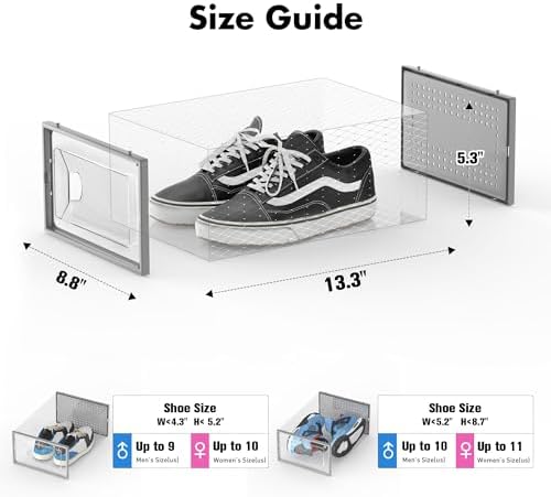 Foluck Shoe Storage Box, 15 Pack Clear Plastic Stackable Organizer for Closet, Interlocking Design Shoes Container Bins for Sneakers, Foldable Shoe Rack with Lids, Grey - Image 2