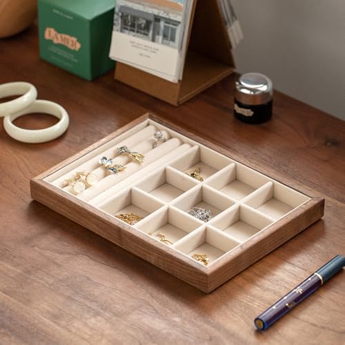 9 Grid +3 Line Black Walnut Wooden Jewelry Tray Organizer with Velvet Lining - Premium Jewelry Storage for Rings, Earrings, Brooches, LuxuryJewelry Drawer Organizer & Display Tray - Image 3