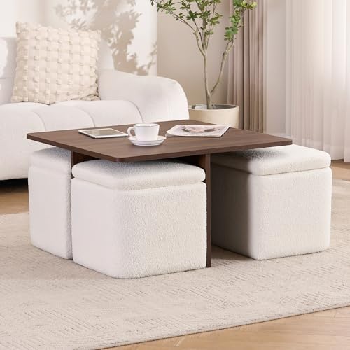 Square Coffee Table with Storage Ottomans, Beige - Image 3