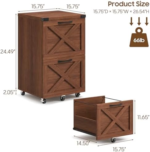 Halitaa Farmhouse 2 Drawer Small File Cabinet with Wheels, Walnut - Image 3