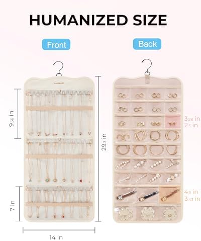 BAGSMART Hanging Jewelry Organizer Storage with Hanger Metal Hooks Double-Sided Jewelry Holder for Earrings, Necklaces, Rings on Closet, Wall, Door, 1 piece Large Beige - Image 6