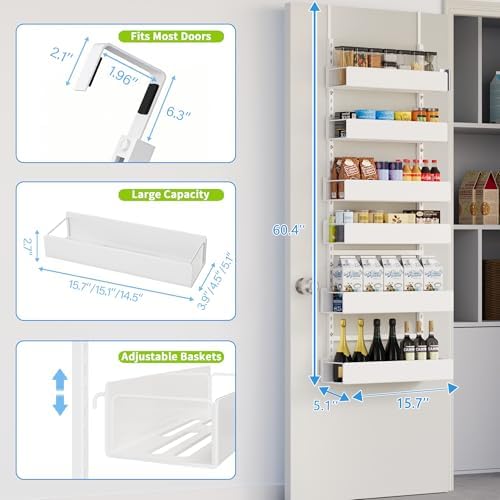 6-Tier Hanging Pantry Organizer, Metal Spice Rack Storage for Kitchen Laundry Bathroom Cabinet, White - Image 2