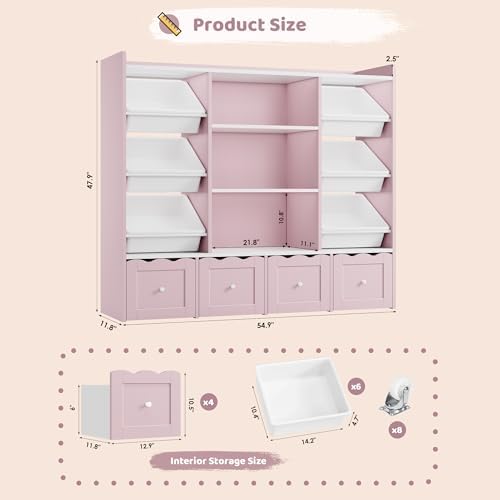 HITHOS 55" W Kids Toy Storage Organizer with 10 Toy Box & Book Shelf, Pink - Image 2