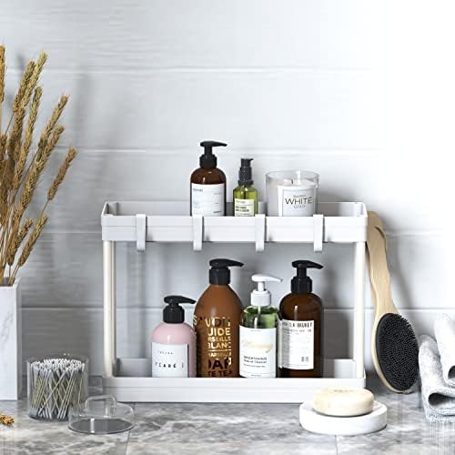 Simple Houseware 2-Tier Under Sink Organizer Storage Tray with Hooks, White - Image 3