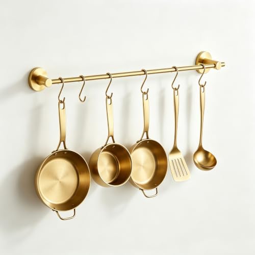 NEWRAIN Hanging Pot Rack for Wall Mount – 17.5 Inch Stainless Steel Brushed Gold Pot Rack with 5 Hooks, Space-Saving Organizer, Perfect for Small Kitchens, Pots, Pans, Mug& Towel. by NEWRAIN