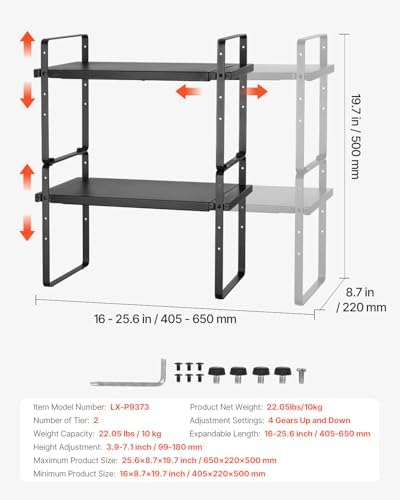 VEVOR Adjustable Kitchen Cabinet Shelf Organizer, Expandable 2 Tier Cabinet Shelf, Stackable Countertop Organizers and Storage Risers, Pantry for Kitchen Bathroom Office, Black - Image 7